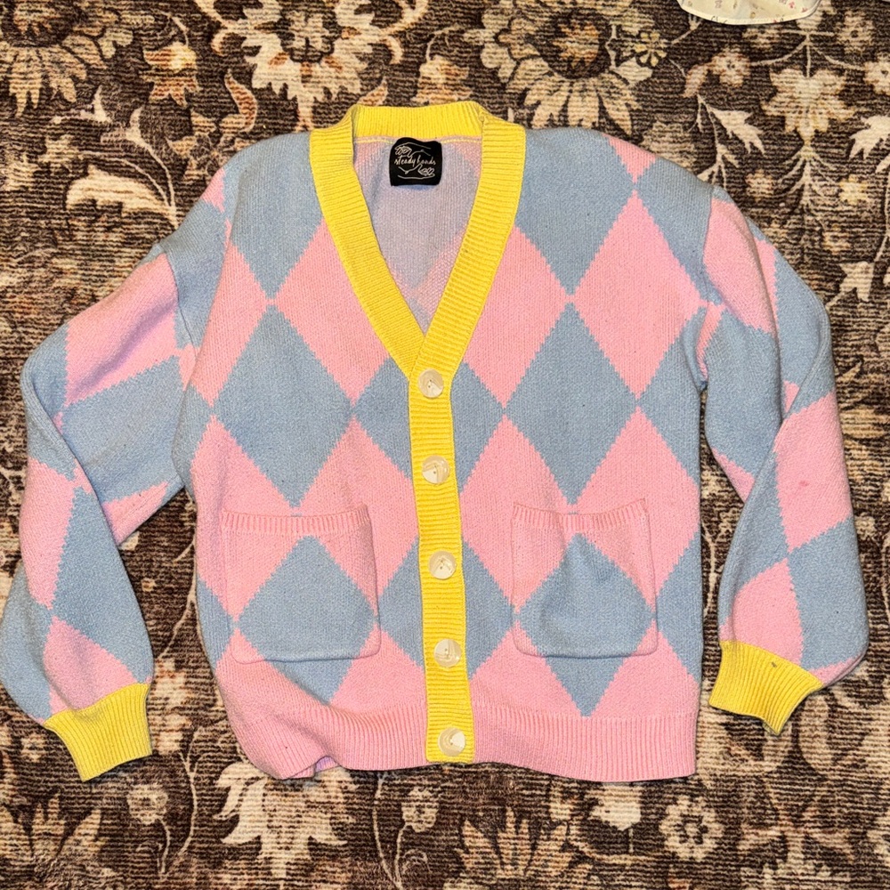 Steady Hands Howl’s Moving Castle Pastel Argyle V-Neck Cardigan with Yellow Trim